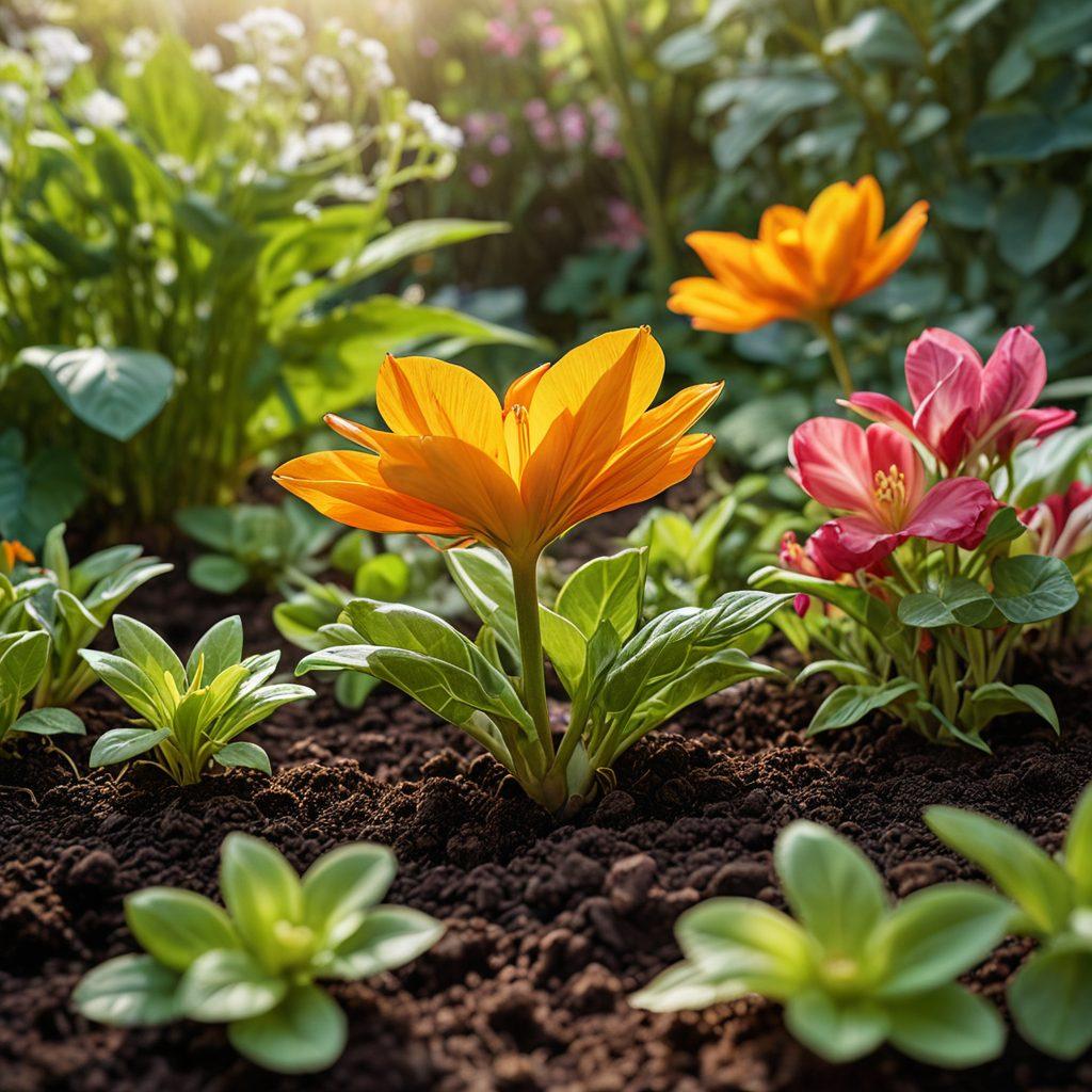 A lush, vibrant garden showcasing various flowers in different stages of bloom, intertwined with green leaves and vibrant foliage. Include a close-up of a sprout breaking through soil and a time-lapse effect of a flower opening, symbolizing growth and floration. The scene should be under warm sunlight, with a soft-focus background to emphasize the flowers. botanical illustration. vibrant colors. super-realistic.